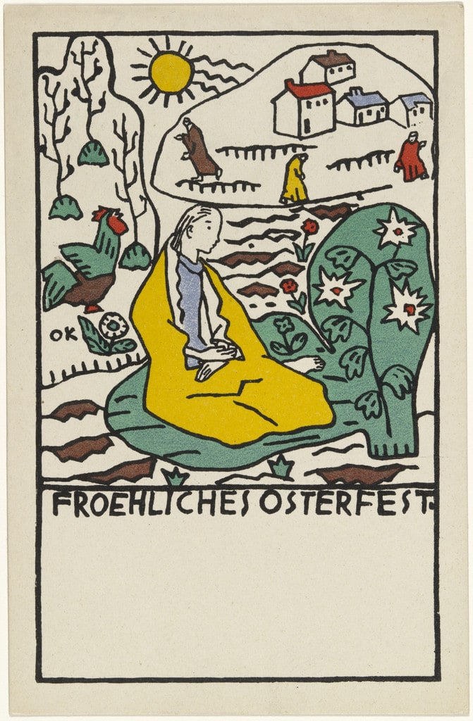 Girl in Meadow Before a Village (Mädchen auf Wiese vor einem Dorf (postcard)