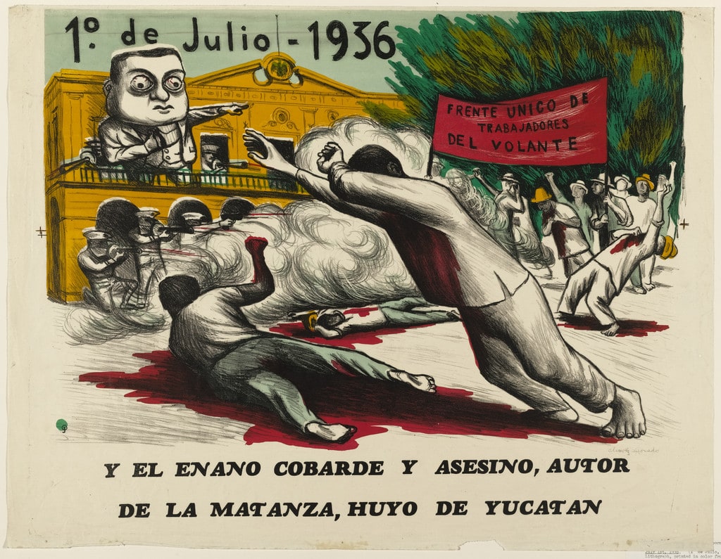 10 de julio, 1936. Y el enano cobarde y asesino, autor de la matanza, huyó de Yucatá. Frente único de los trabajadores del volante