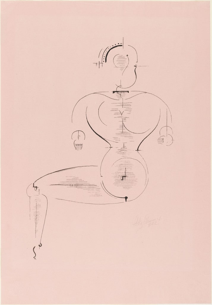 Figure from the Side: Figure H2 Seated (Figur von der Seite: Figur H2 Sitzende) from the portfolio New European Graphics, 1st Portfolio: Masters of the State Bauhaus, Weimar (Neue europäische Graphik, 1. Mappe: Meister des Staatl. Bauhauses in Weimar)