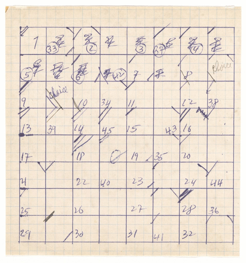 Movement Chart II C-D-E Extensions. Drawing for the dance Suite by Chance