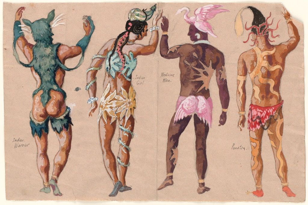Indian Warrior, Indian Girl, Medicine Man, Powatan[sic]. Costume designs for the ballet Pocahontas
