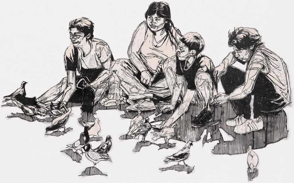 Family Feeding Pigeons