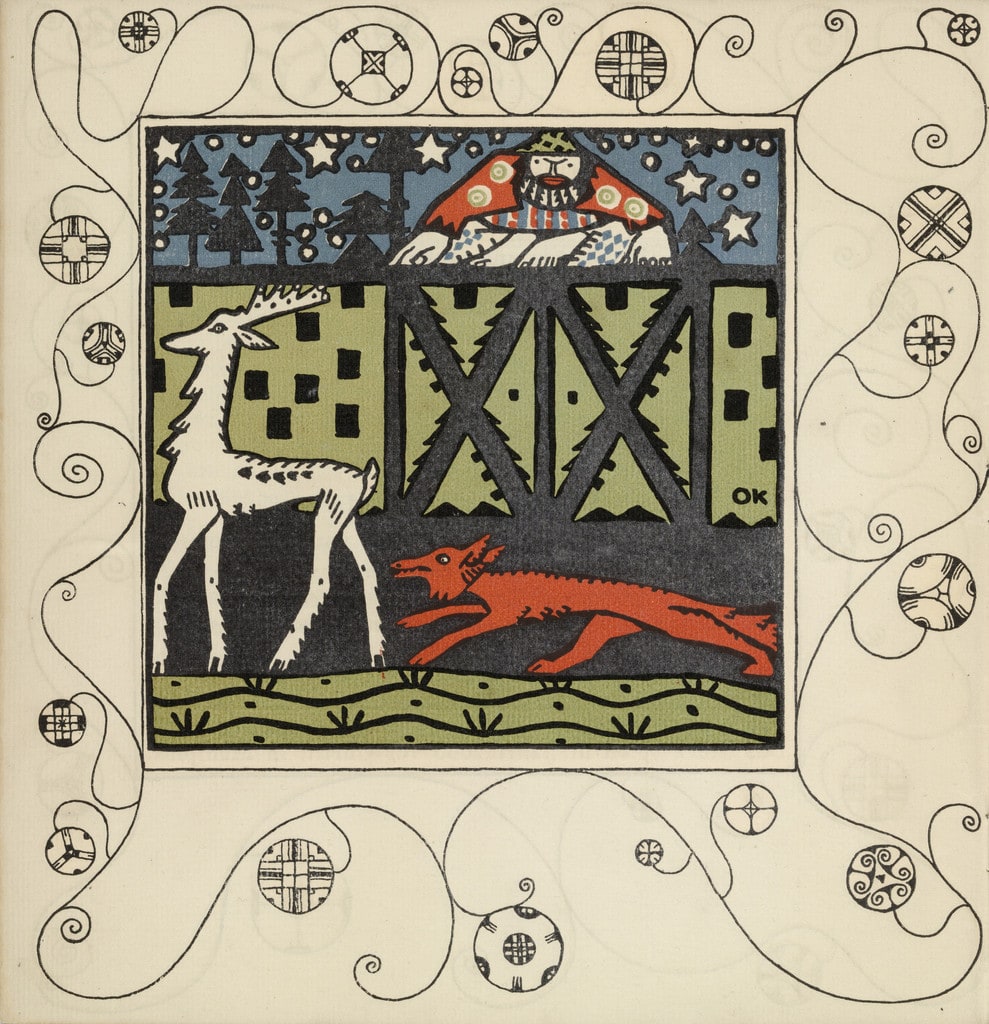 Shepherd, Stag and Fox (Hirt, Hirsch und Fuchs). Illustration for the shadow play The Speckled Egg (Das getupfte Ei) (plate 1) from the First Theater Program of Kabarett Fledermaus (Cabaret Fledermaus)