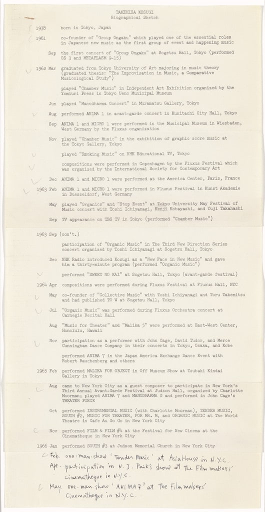 Biographical Sketch, Anima 7, Tender Music, For Mr. M, Instrumental Music, To W., Organic Music, and Film & Film #4