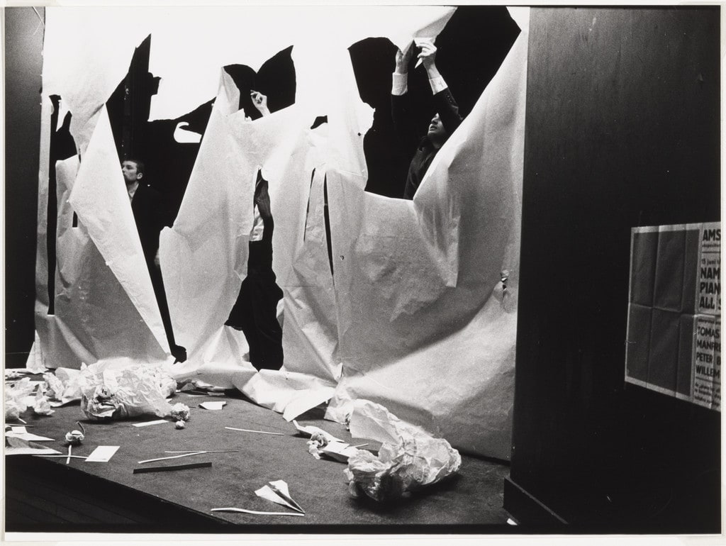 Benjamin Patterson's Paper Piece (1960), performed during Fluxus Festival/Theatre Compositions/Street Compositions/Exhibits/Electronic Music, Hypokriterion Theater, Amsterdam, June 23, 1963