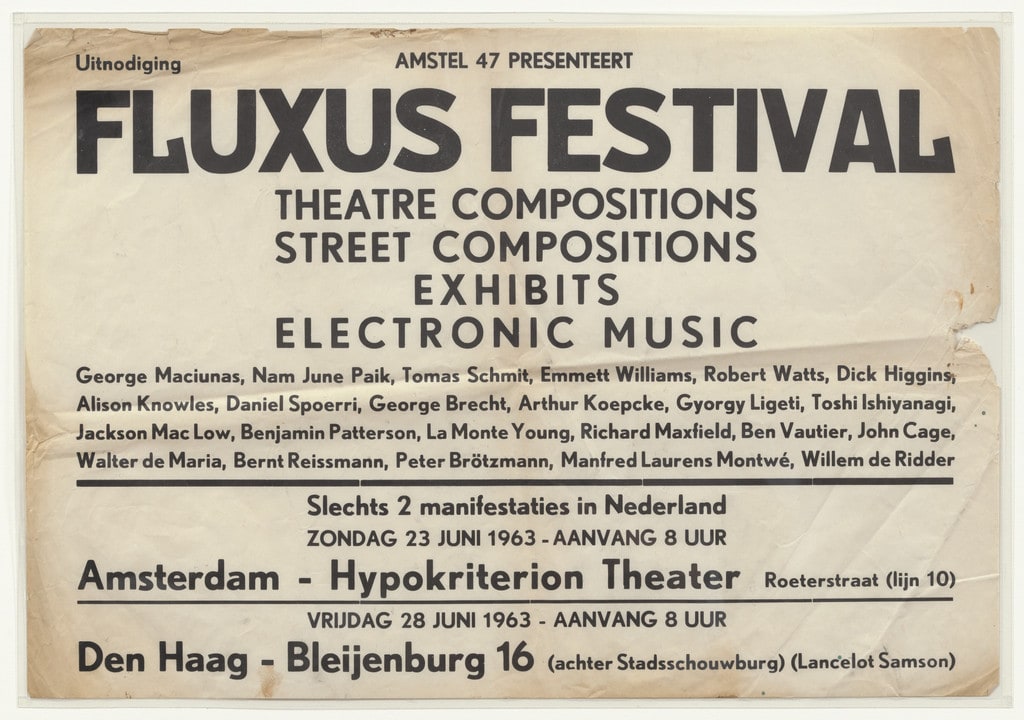 Poster for Fluxus Festival/Theatre Compositions/Street Compositions/Exhibits/Electronic Music, Hypokriterion Theater, Amsterdam, June 23, 1963 and Fluxus Festival, Den Haag, June 28, 1963