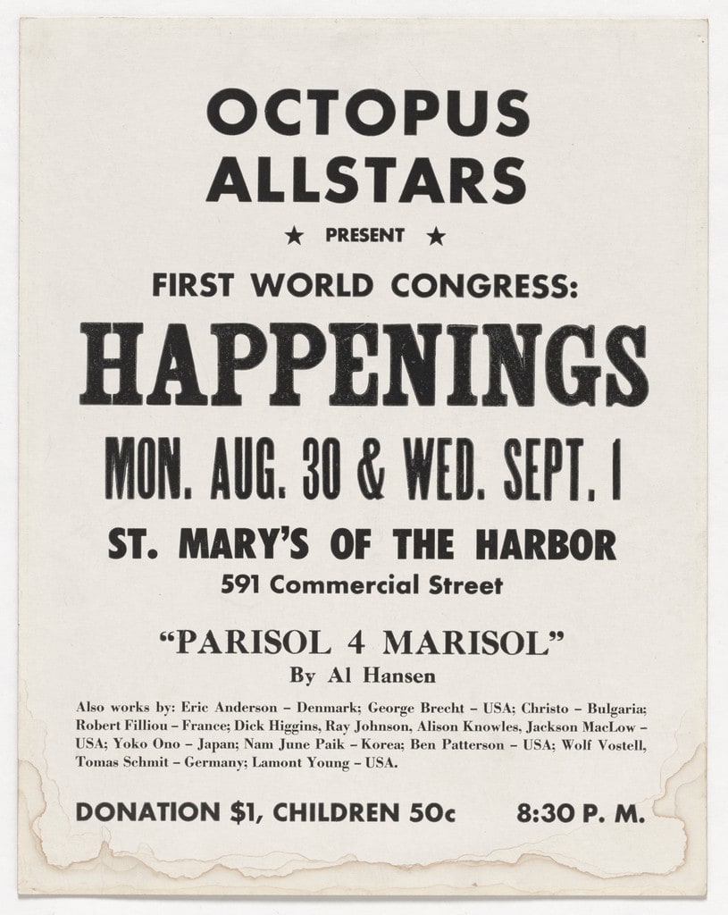 Poster for First World Congress: Happenings, St. Mary's of the Harbor, New York, August 30 & September 1, 1965