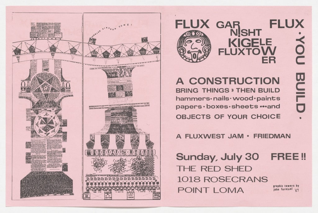 Flyer for Garnisht Kigele Fluxtower, The Red Shed, Point Loma, California, July 30, 1967
