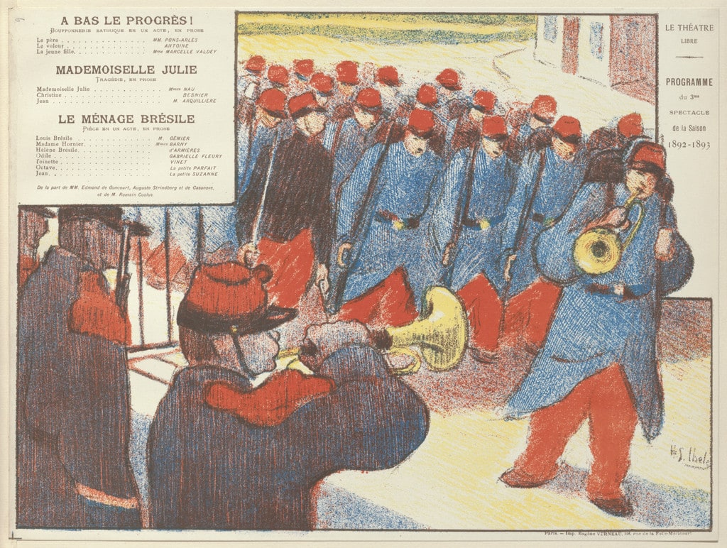 Program for Down with Progress! (A bas le progrès!), Miss Julie (Mademoiselle Julie) and The Brazilian Household (Le Ménage Brésile) from The Beraldi Album of Theatre Programs