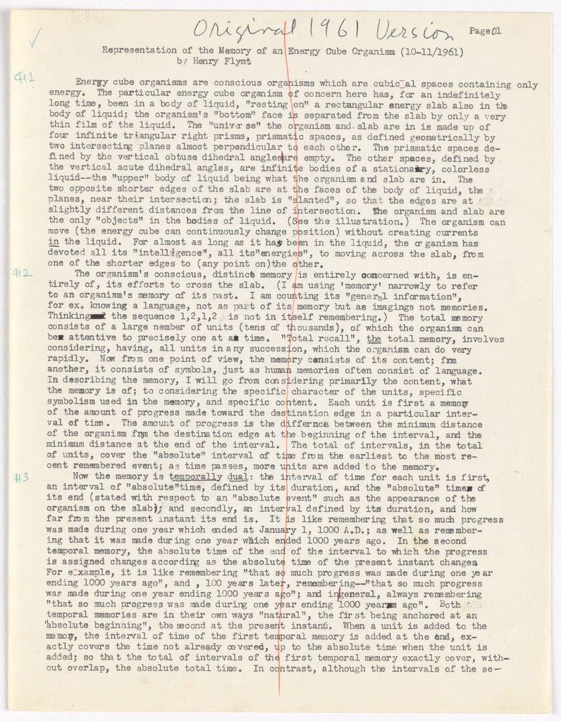 Representation of the Memory of an Energy Cube Organism: Mid-sixties typescript