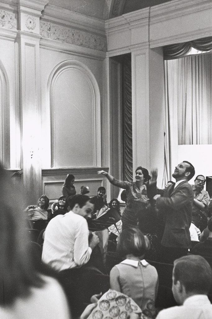 Paper airplane performance during Fluxorchestra at Carnegie Recital Hall, September 25, 1965