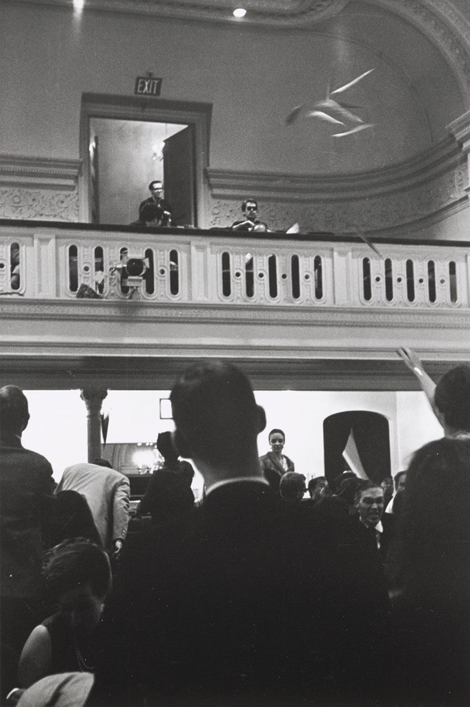 Paper airplane performance during Fluxorchestra at Carnegie Recital Hall, September 25, 1965
