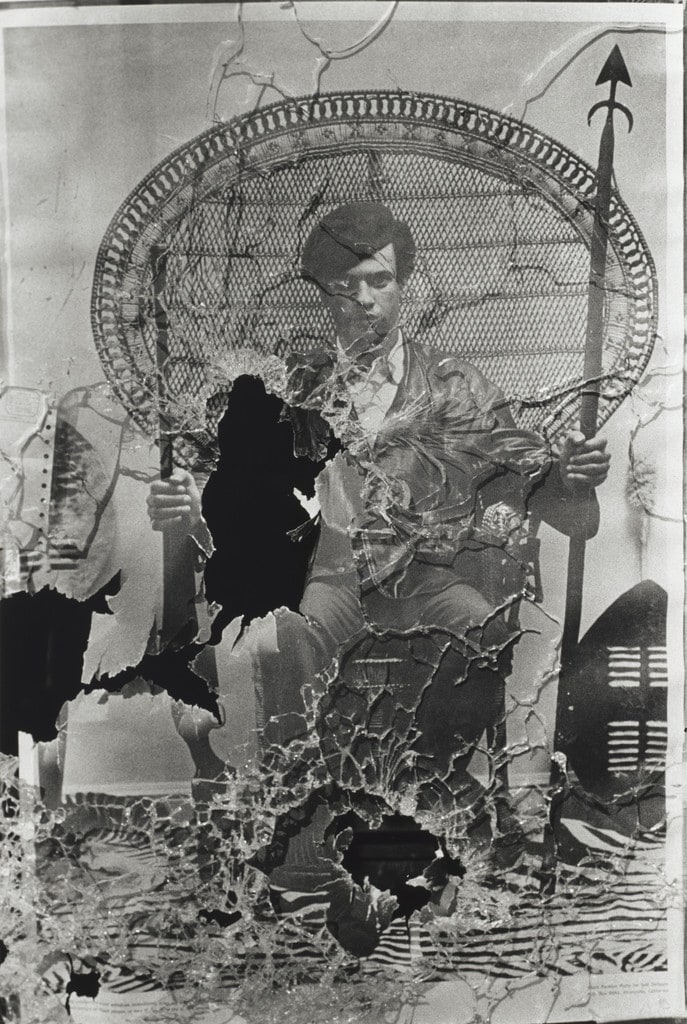 The window of Black Panther Party National Headquarters at Grove and Forty-fifth Streets in Oakland after shots were fired by police following Huey P. Newton’s murder trial verdict, Oakland, California