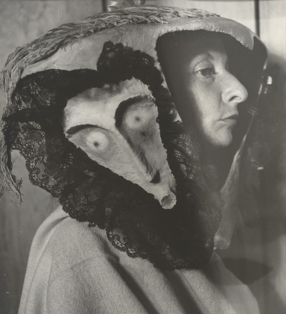 Untitled (Remedios Varo wearing a mask by Leonora Carrington)