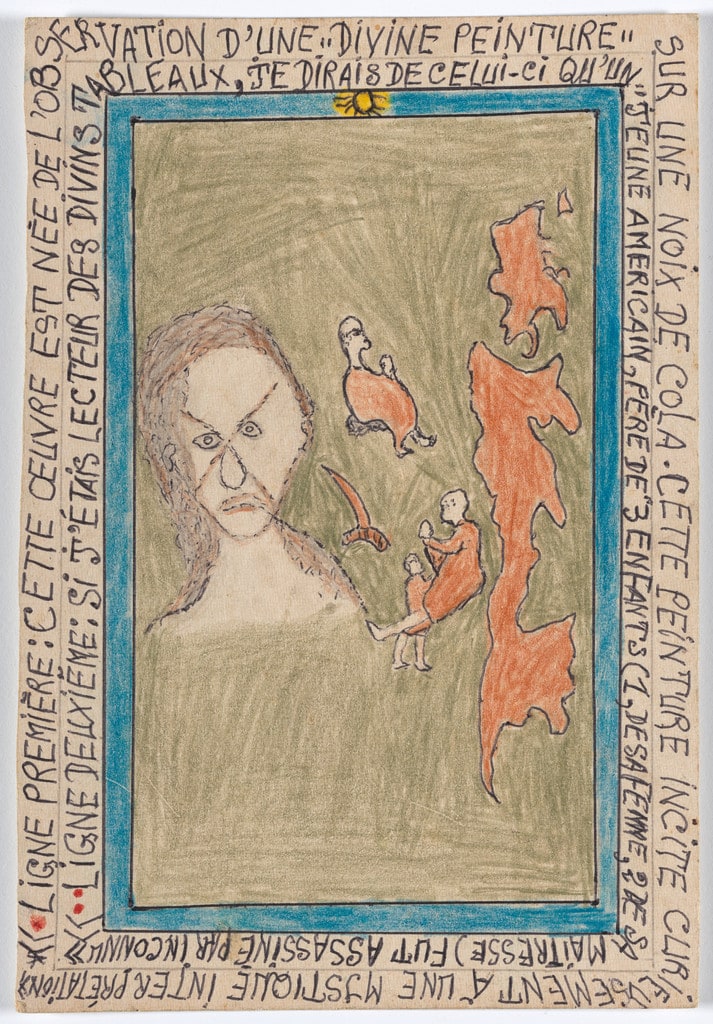 «Ligne première: Cette œuvre est née de l'observation d'une "divine peinture" sur une noix de cola. Cette peinture incite curieusement à une mystique interprétation» «Ligne deuxième: Si j'étais lecteur des divins tableaux, je dirais de celui-ci qu'un "jeune américain, père de 3 enfants (1 de sa femme, 2 de sa maîtresse) fut assassiné par inconnu.» from Connaissance du Monde