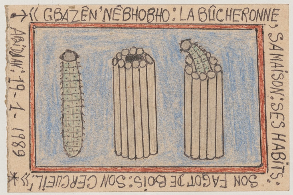 «GBAZÊ'NÊBHOBHO: la bûcheronne, sa maison: ses habits: son fagot de bois: son cercueil!» Abidjan: 19-1-1989 from Connaissance du Monde