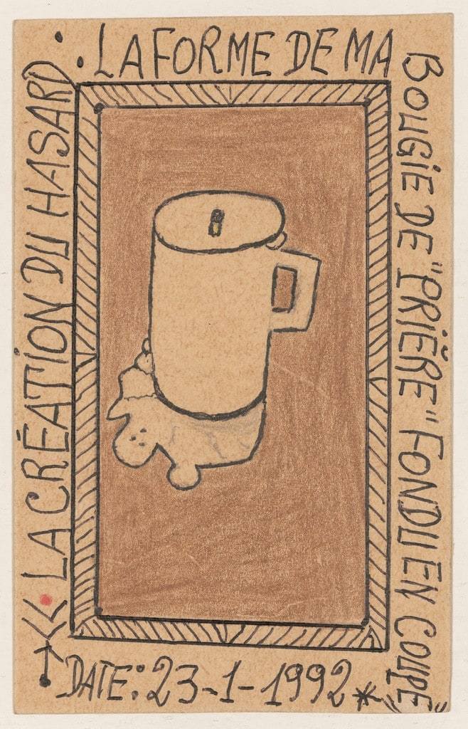 «La création du hasard: la forme de ma bougie de "prière" fondu en coupe» Date: 23-1-1992 from Connaissance du Monde