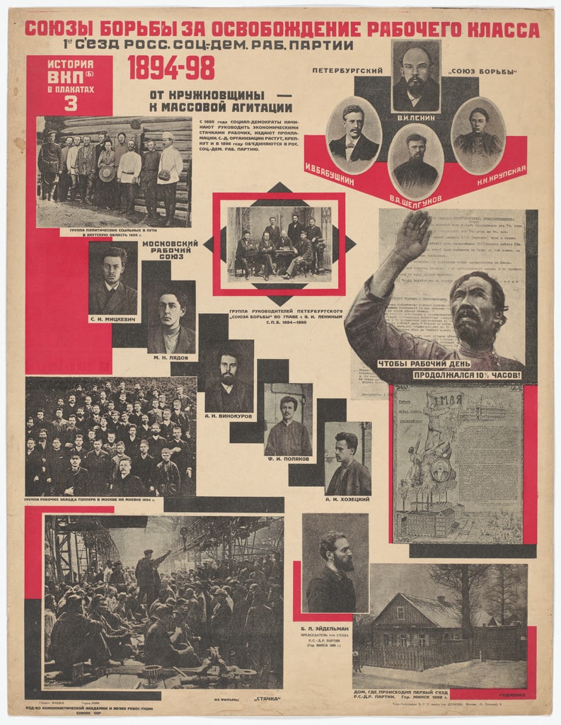 Unions of Struggle for the Liberation of the Working Class. The First Congress of the Russian Social-Democratic Workers’ Party. 1894–98 (Soiuzy bor’by za osvobozhdenie rabochego klassa. 1yi s”ezd Ross. Sots.-Dem. Rab. Partii. 1894–98). Poster no. 3 of 25 from the series The History of the All-Union Communist Party (of Bolsheviks) in Posters (lstoria VKP[b] v plakatakh)