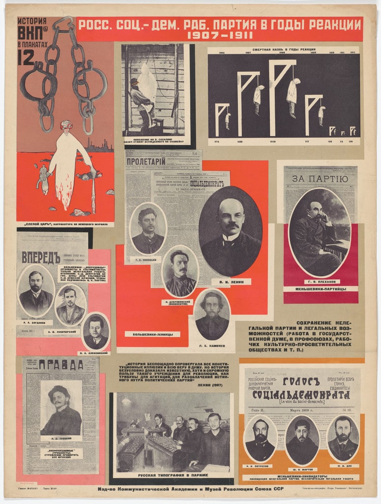 The Russian Social-Democratic Workers’ Party in the Years of Reaction, 1907–1911 (Ross. Sots.-Dem. Rab. Partiia v gody reaktsii, 1907–1911). Poster no. 12 of 25 from the series The History of the All-Union Communist Party (of Bolsheviks) in Posters (lstoria VKP[b] v plakatakh)
