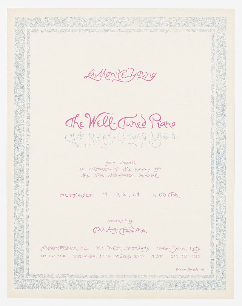 Poster for La Monte Young, The Well-Tuned Piano, Dia Art Foundation, September 1978