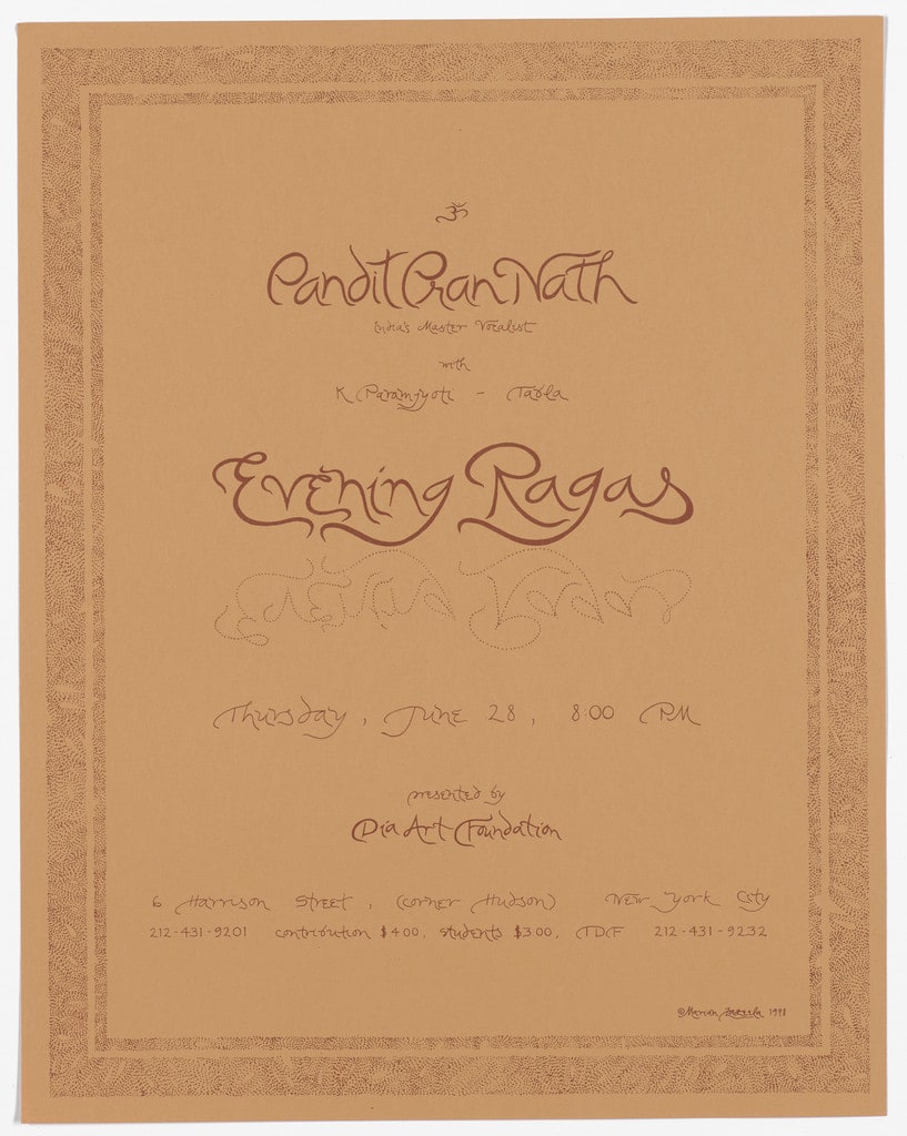 Poster for Pandit Pran Nath, Evening Ragas, Dia Art Foundation, June 1979