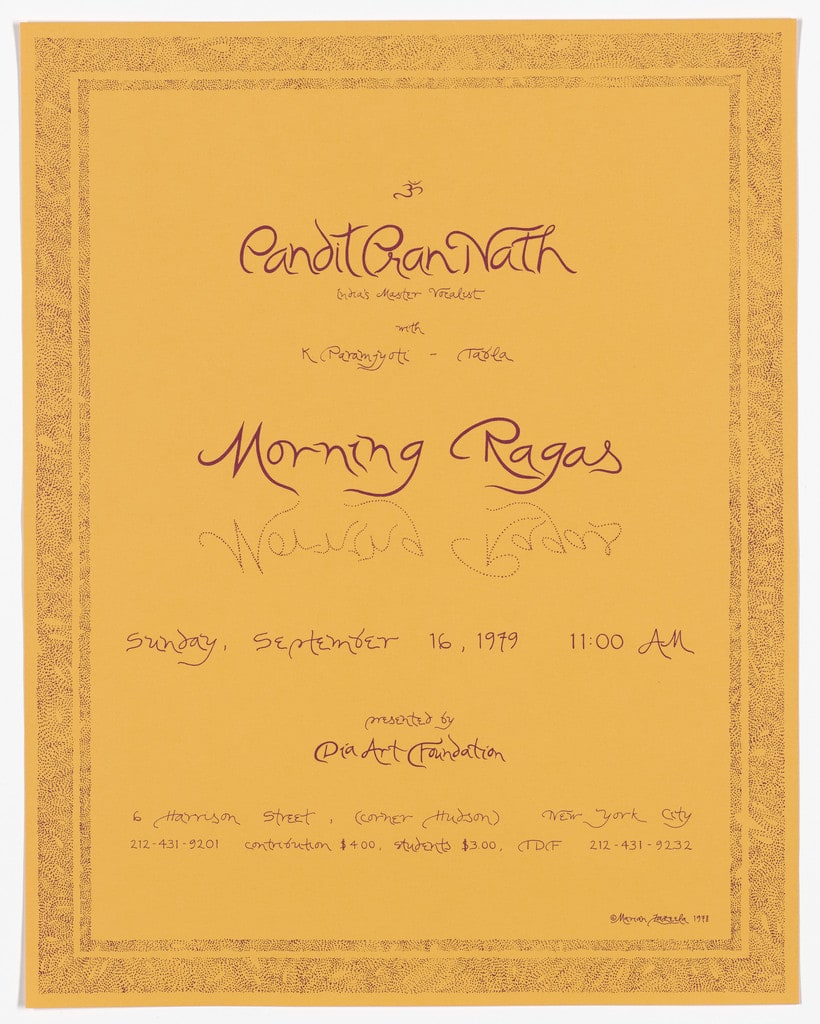 Poster for Pandit Pran Nath, Morning Ragas, Dia Art Foundation, September 1979
