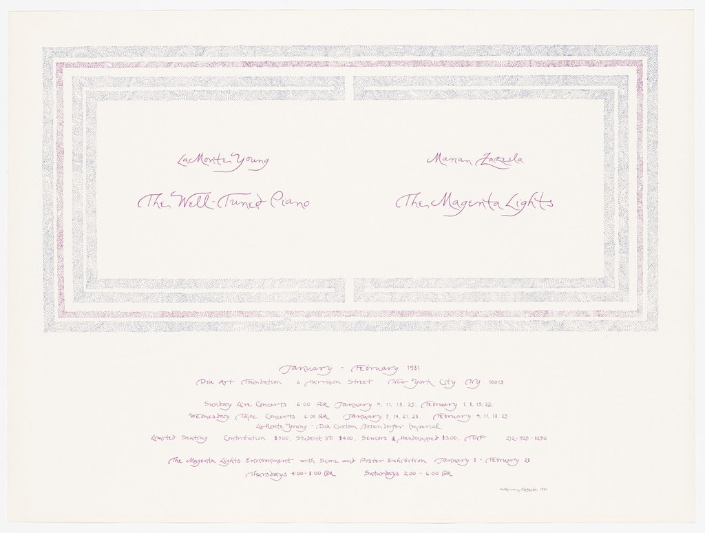 Poster for La Monte Young, The Well-Tuned Piano, and Marian Zazeela, The Magenta Lights, Dia Art Foundation, January - February 1981