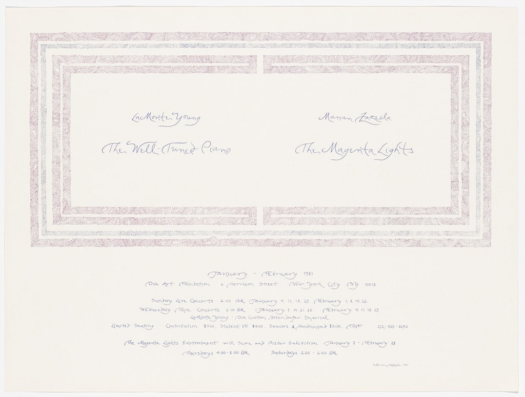 Poster for La Monte Young, The Well-Tuned Piano, and Marian Zazeela, The Magenta Lights, Dia Art Foundation, January - February 1981