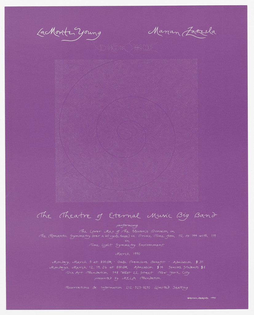Poster for La Monte Young, Marian Zazeela, and The Theatre of Eternal Music Big Band, Dia Art Foundation, March 1990