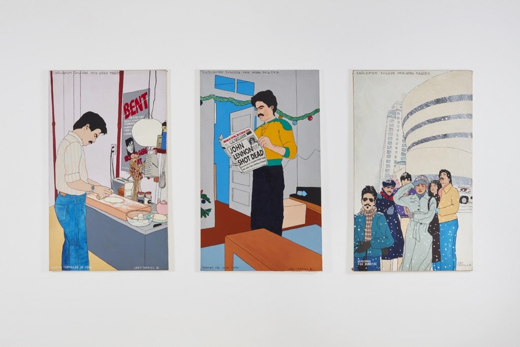 Chicanos Invade New York Series. <em>Three panels:</em> Making Tortillas in Soho; Reading the Local Paper; <em>and</em> Searching for Burritos