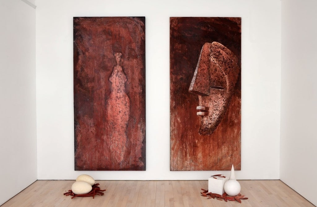 Untitled (double canvas with sculptures)