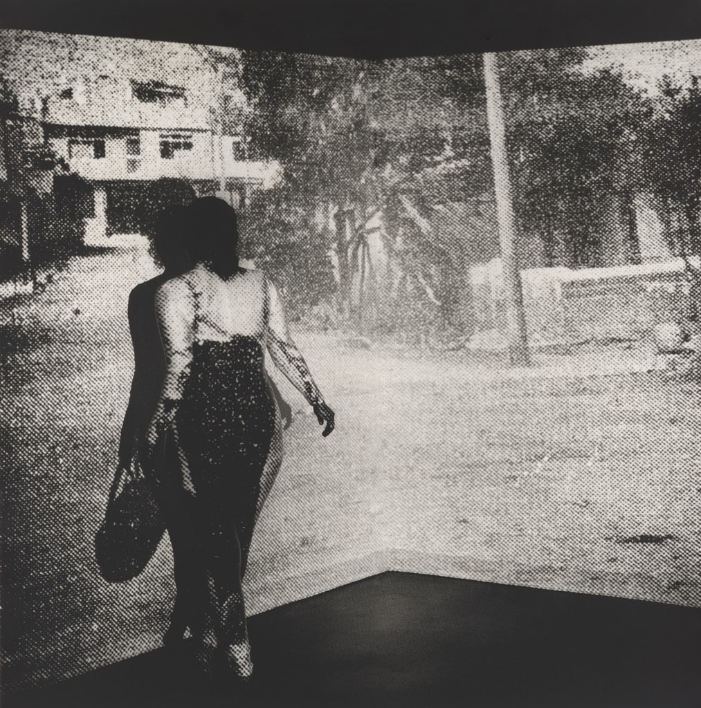 Self Portrait as Woman Walking with Bag (Facing Wall & Cut/Turned), Lima, Peru, 1979 / Claremont, CA, 2018