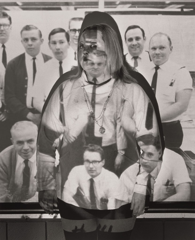 Christina Defelice, UAW Local 1112, with a photograph of her father Jerry L. Canter and fellow scheduled clerks Frank Powers, Charles Steiner, Charles Walters, Al Basco, Jim Nichols, Mike Dobransky, and Rendal Stout, inside UAW Local 1112 Reuther Scandy Alli union hall, (Transition Center customer service representative, 11 years in at GM) Lordstown Complex trim shop), Lordstown, OH.