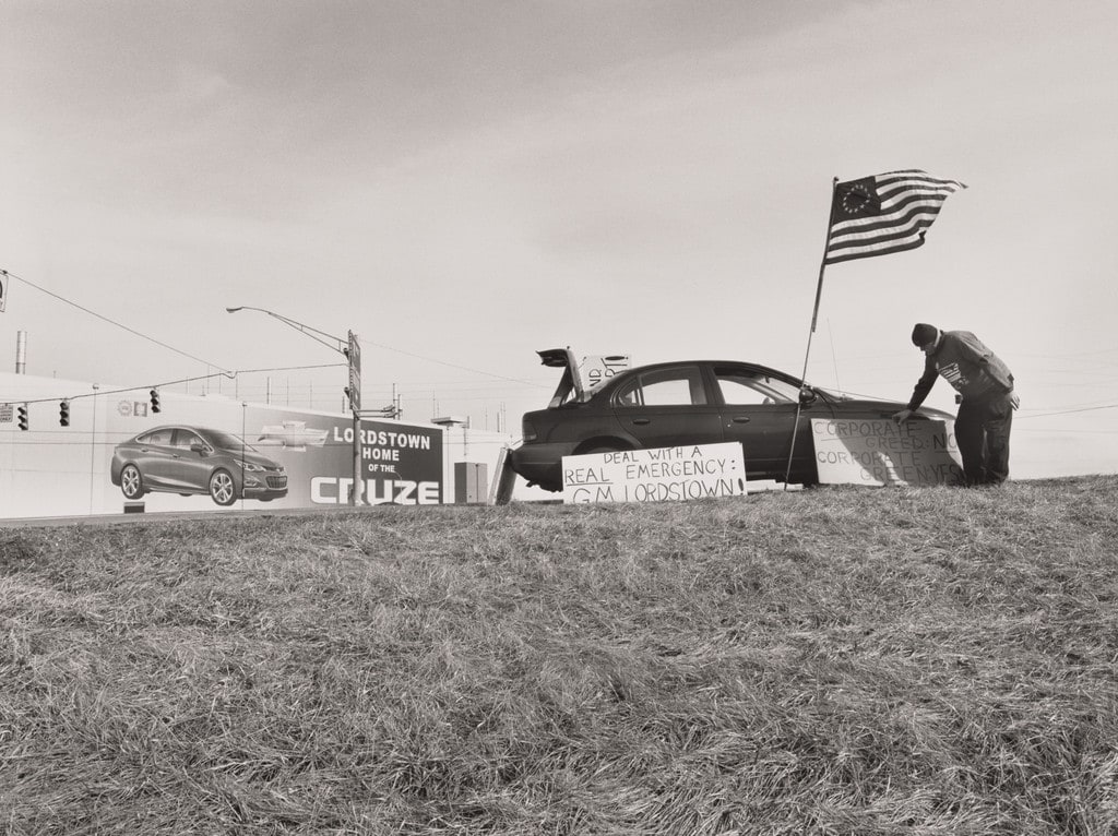 Werner Lange, 45-day vigil, standing at the intersection of Ellsworth Bailey Road and I-80 Ohio Turnpike toll road entrance, Lordstown, OH, 2019