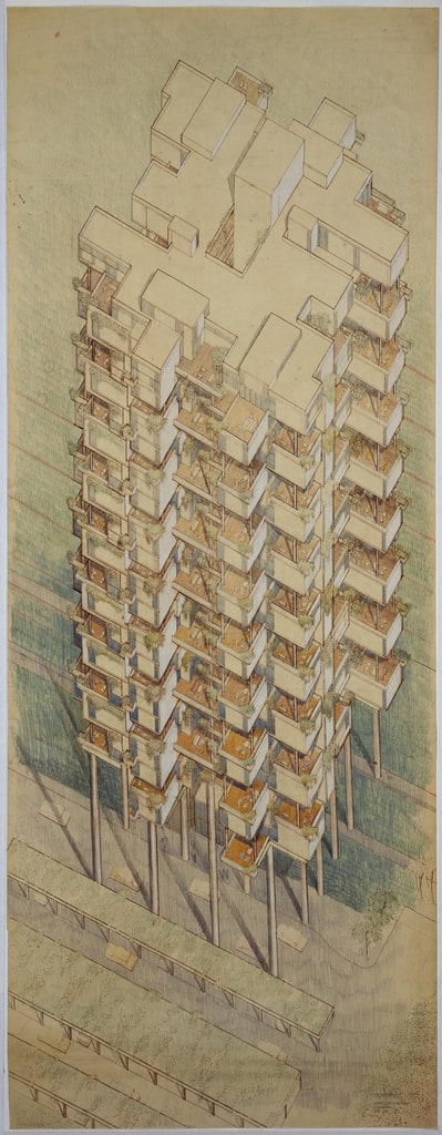 Drawing, The Colonnade Condiminiums, Singapore: Isometric Elevation, 1980