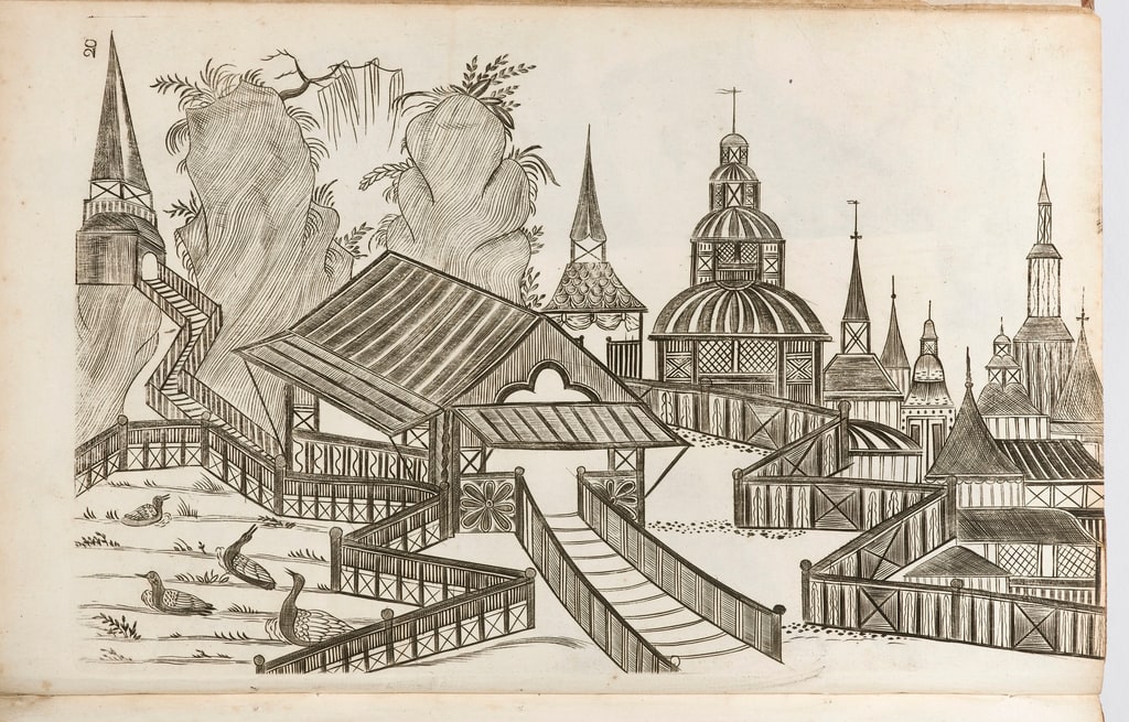 Book Illustration, A Treatise of Japaning and Varnishing, Japanese village, 1688