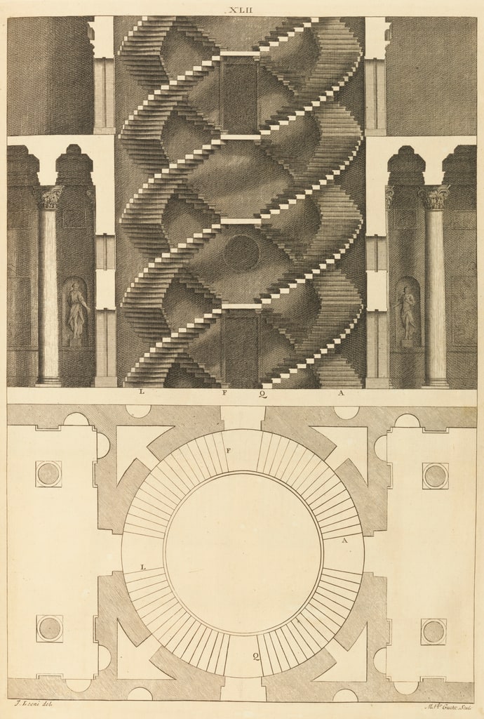 Book Illustration, The Architecture of A. Palladio, Spiral Stair Design, plate XLII, 1715