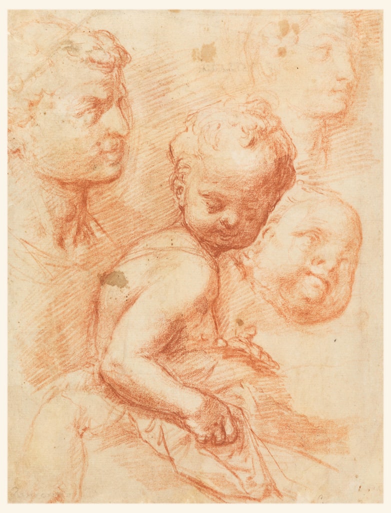 Drawing, Study of man, woman and child heads, sitting child, ca. 1570