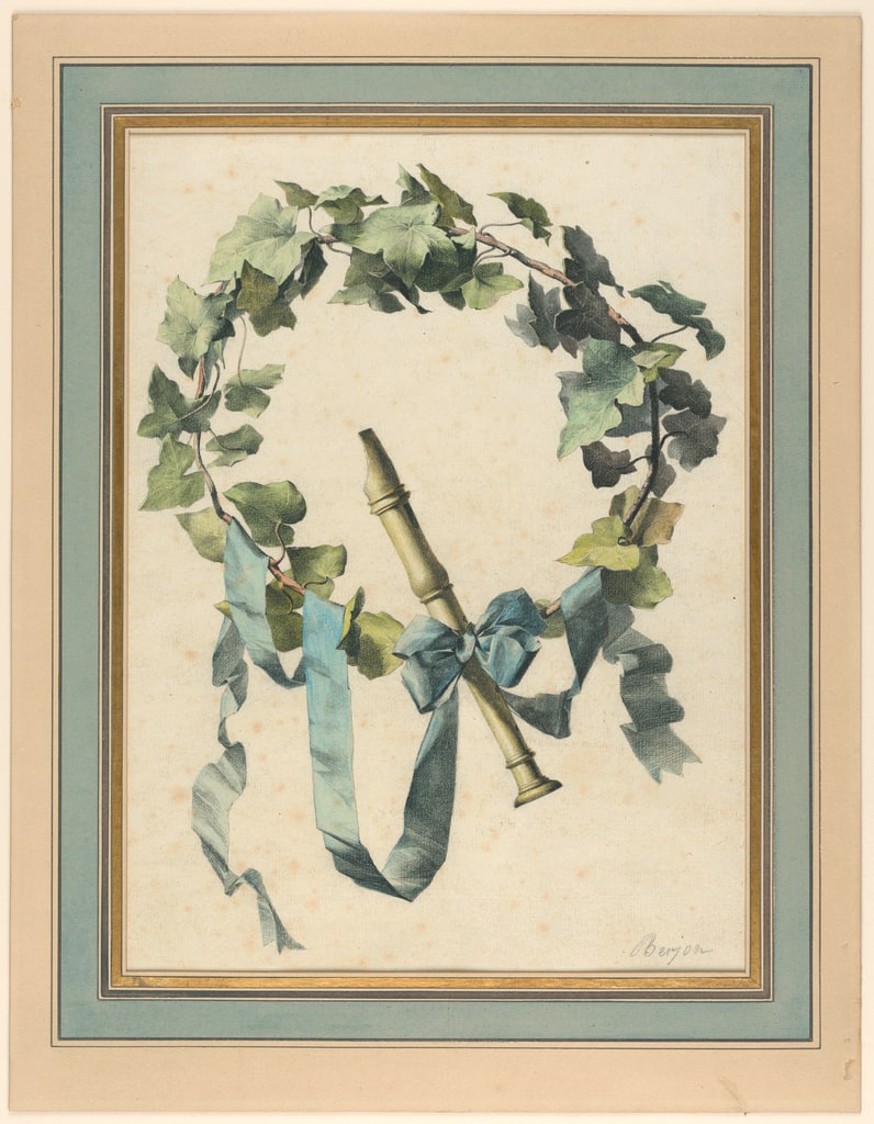 Drawing, Trophy with Flute, Ivy and Blue Ribbon, 1780–90