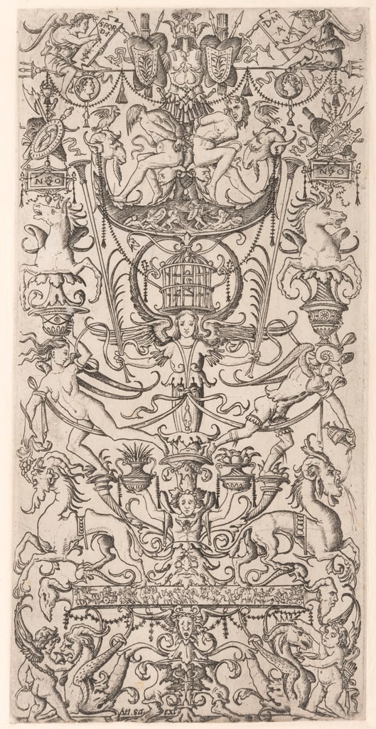 Print, Ornamental Panel with Slaves and a Bird Cage, ca. 1510