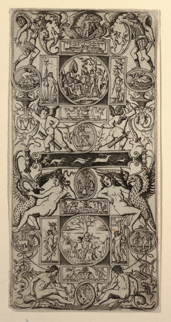 Print, Ornamental Panel with the Judgement of Paris and Orpheus Charming the Beasts, ca. 1460