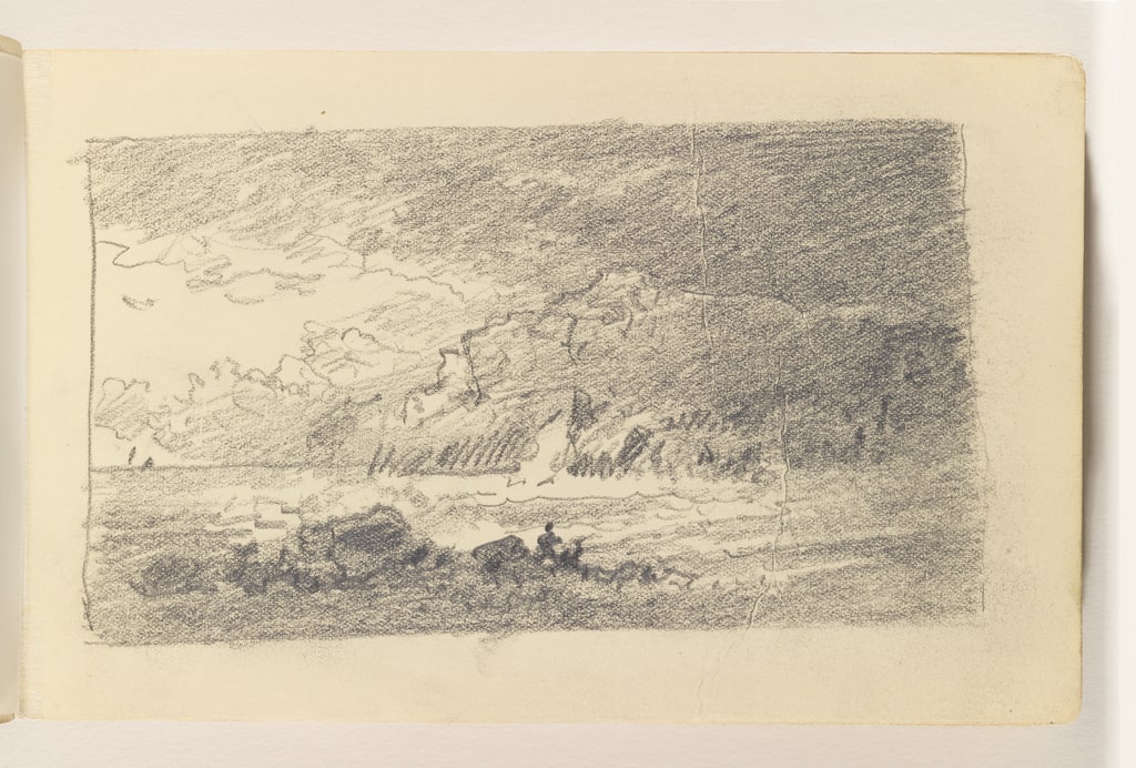 Sketchbook Folio, Ocean and Rocks with Large Cliffs and Distant Boats, 1885–90