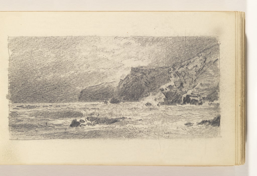 Sketchbook Folio, Rough Ocean with Dark Sky, Rocks, and Cliffs at Right, 1885–90