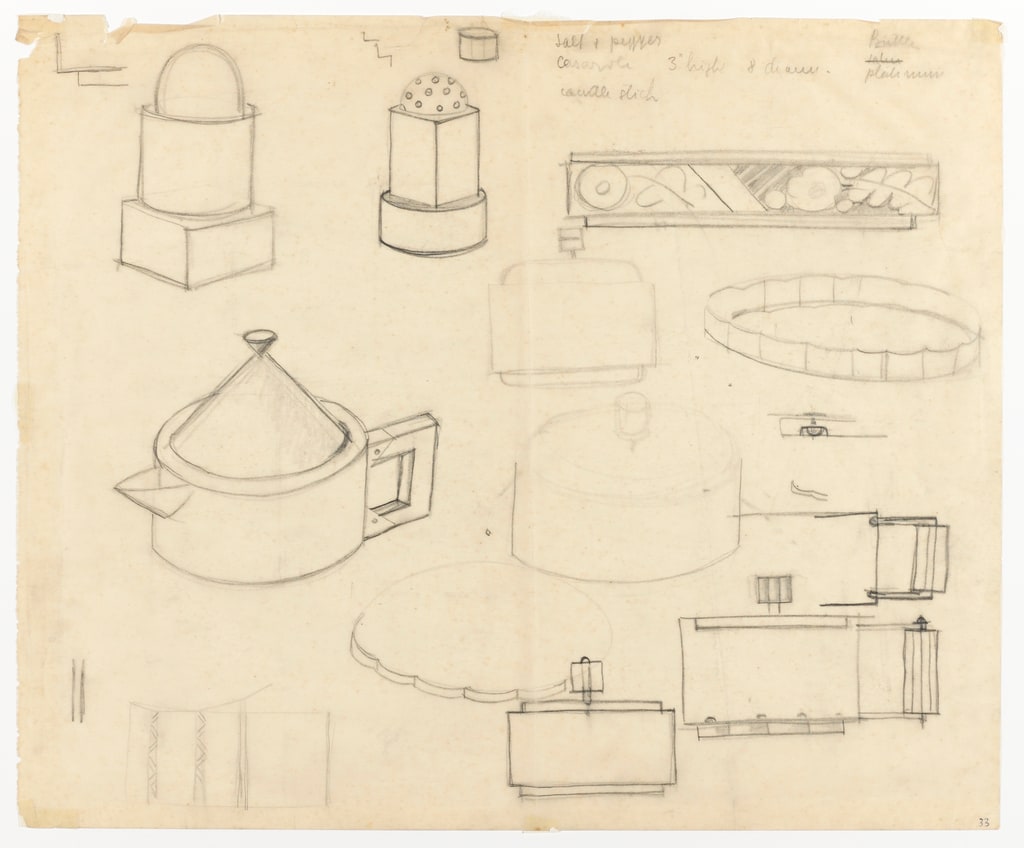 Drawing, Designs for Teapot, Trays and Salt Shaker, ca. 1928