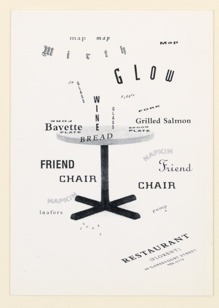 Postcard, Restaurant Florent:  Mirth (typography/table), 1989