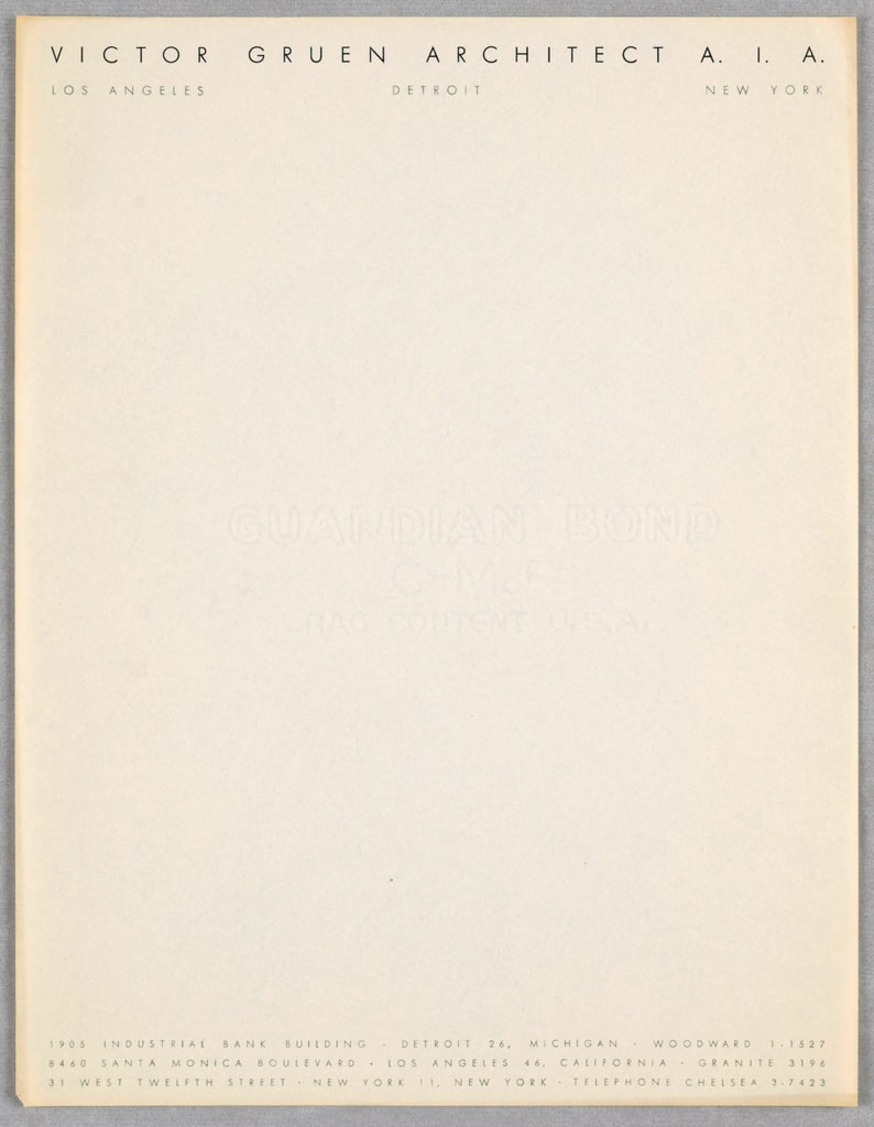 Sheet Of Stationery, Victor Gruen Architect A., ca. 1948