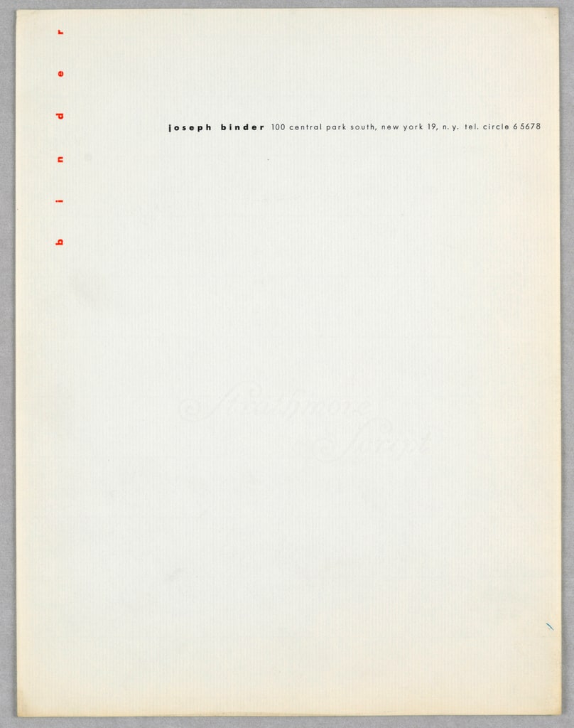 Sheet Of Stationery, Joseph Binder
