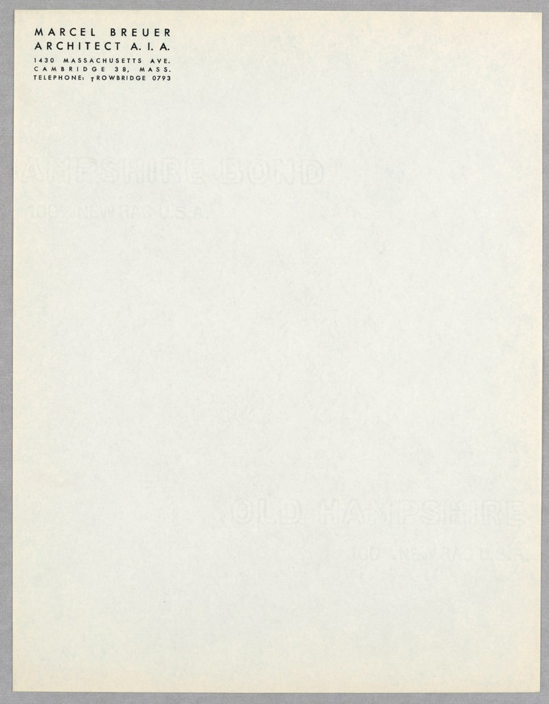 Sheet Of Stationery, Marcel Breuer/Architect A