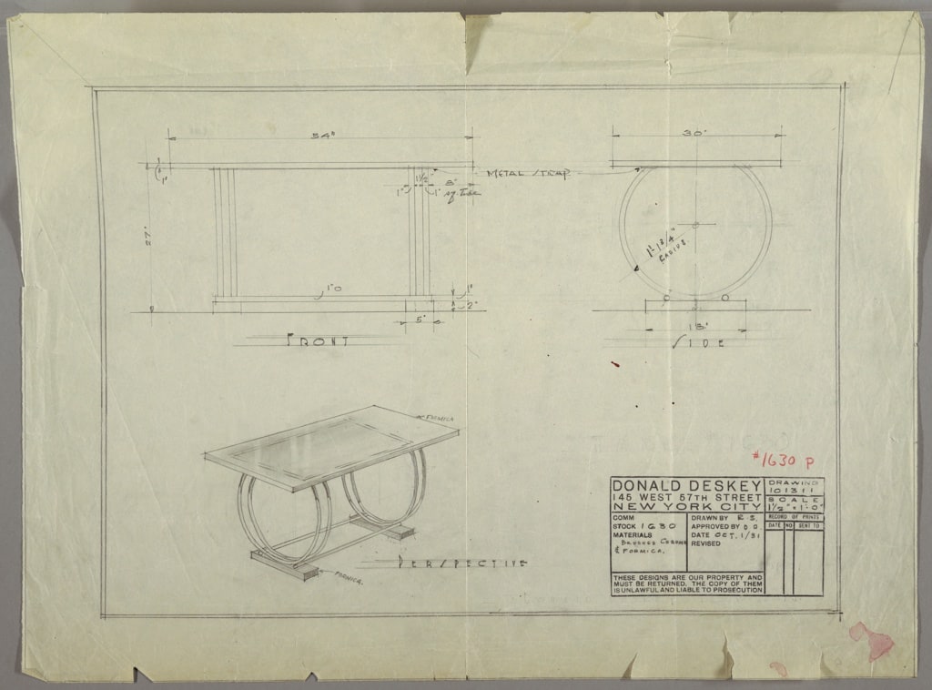 Drawing, Table: Side- Brushed Chrome, Formica, October 1, 1931