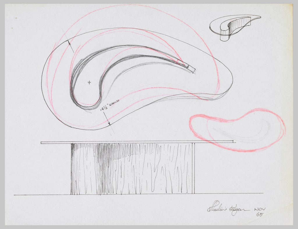 Drawing, Study for Kidney-Shaped Table: Plan, Elevation, Perspective, November 1965